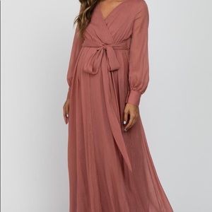 Pink Metallic Chiffon Maternity Maxi Dress